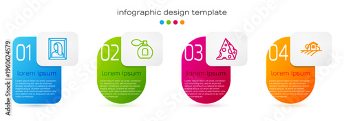 Set line Portrait picture in museum, Perfume, Cheese and Village landscape. Business infographic template. Vector