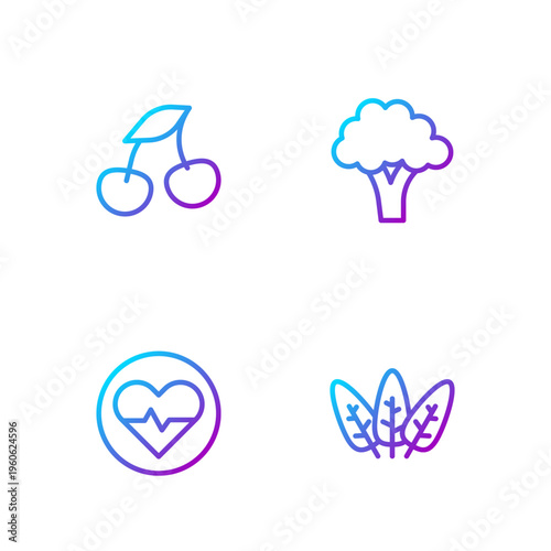 Set line Leaf, Heart rate, Fresh berries and Broccoli. Gradient color icons. Vector