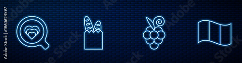 Set line Grape fruit, Coffee cup, French baguette bread and Flag France. Glowing neon icon on brick wall. Vector