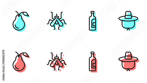 Set line Bottle of wine, Pear, Mosquito and Camping hat icon. Vector