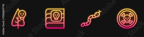 Set line Snake, Poison flower, Book about poisons and Bones and skull. Glowing neon icon. Vector