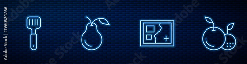 Set line Folded map, Spatula, Pear and Fruit. Glowing neon icon on brick wall. Vector