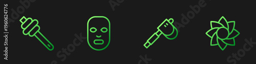 Set line Wooden axe, Honey dipper stick, Facial cosmetic mask and Flower. Gradient color icons. Vector
