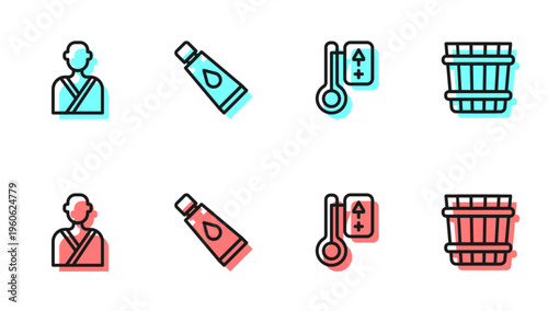 Set line Sauna thermometer, Man in sauna, Cream or lotion cosmetic tube and bucket icon. Vector