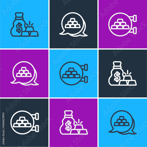 Set line Bag of gold bars, Jewelry store and Gold icon. Vector