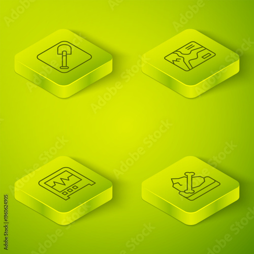 Set Isometric line Topographic map, Seismograph, Archeology and Shovel icon. Vector