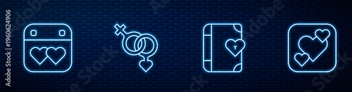 Set line Love diary, Calendar with heart, Gender and Heart. Glowing neon icon on brick wall. Vector