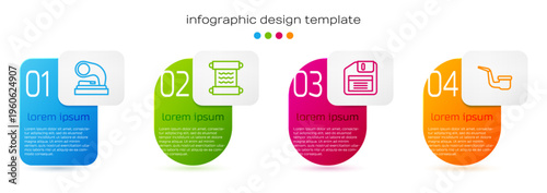 Set line Old gramophone, Papyrus scroll, Floppy disk and Smoking pipe. Business infographic template. Vector