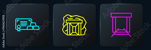 Set line Gold bars with certificate, mine and . Black square button. Vector