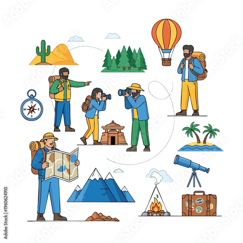 Diverse adventurers with cameras, maps, and gear explore various landscapes like deserts, mountains, and islands