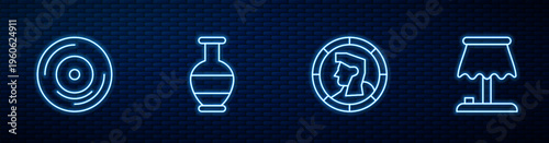 Set line Ancient coin, Vinyl disk, amphorae and Table lamp. Glowing neon icon on brick wall. Vector