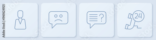 Set line Employee, Unknown search, Sad smile and Telephone 24 hours support. White square button. Vector