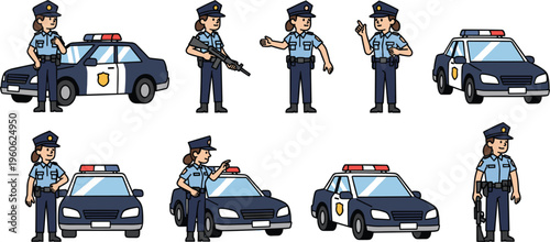 Police Officer Vector Set with Police Car, Guns, and Different Poses for Law Enforcement, Security, and Emergency Response Designs