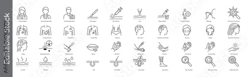 Dermatology, skin surgery, skin cancer and skin health icon set – editable outline symbols of dermatologist, biopsy, laser, skin disease, injection, surgery, rash, acne and UV protection