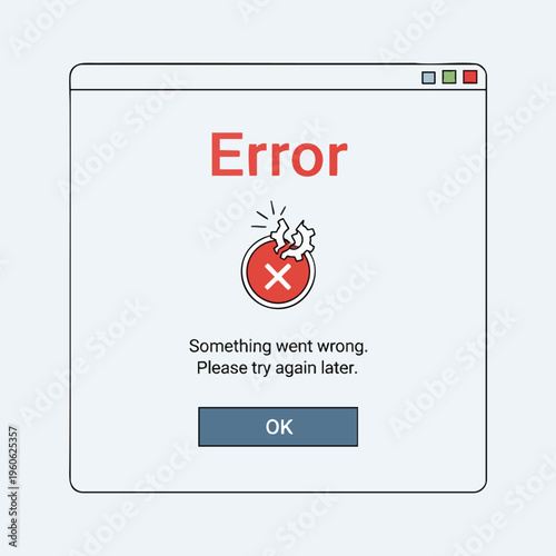 An "Error" message window displays a broken gear icon and a message to try again