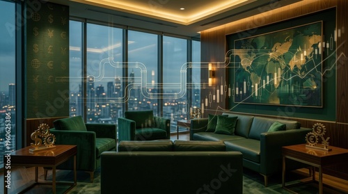 Modern financial office interior with city skyline, showcasing charts and graphs on walls