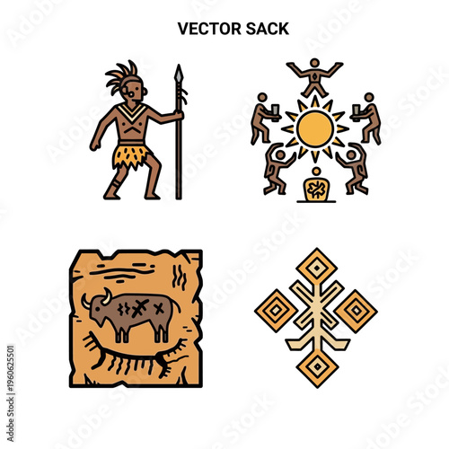 Ancient Symbols and Figures: Tribal Hunter, Sun Worship, Cave Painting, and Geometric Art