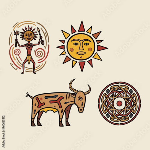Ancient Symbols: Sun, Warrior, Bull, Celtic Knot - Tribal Art