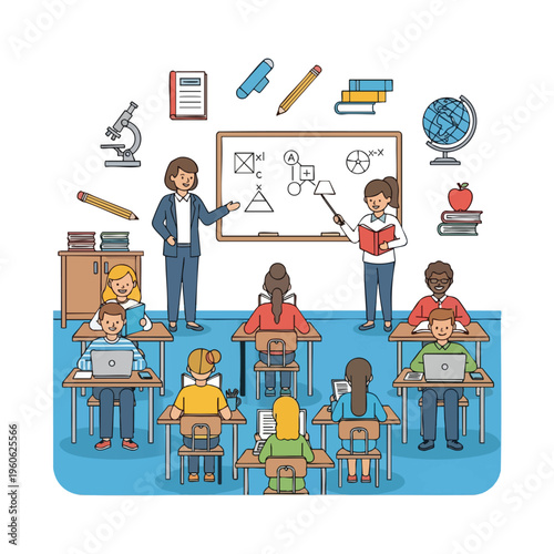 Teachers interact with students using laptops, books, and a whiteboard in a classroom