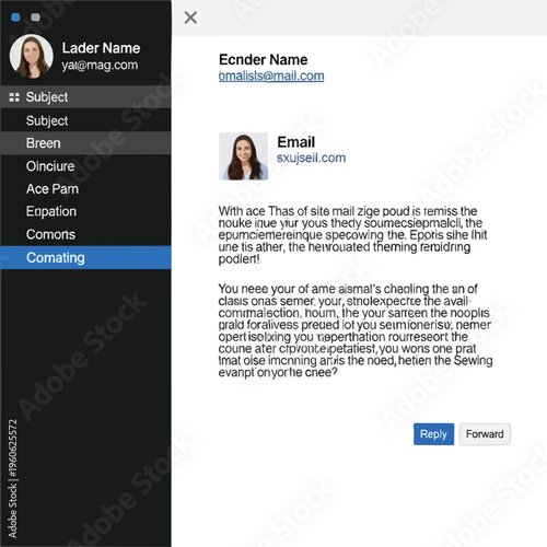 Email client sidebar with list items & message details with sender, subject, and body