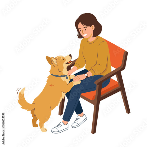 Woman sitting on chair with dog standing next to her happily