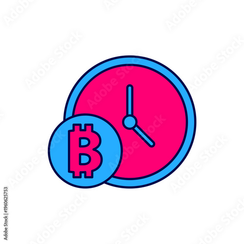 Filled outline Cryptocurrency coin Bitcoin with clock icon isolated on white background. Physical bit coin. Blockchain based secure crypto currency. Vector