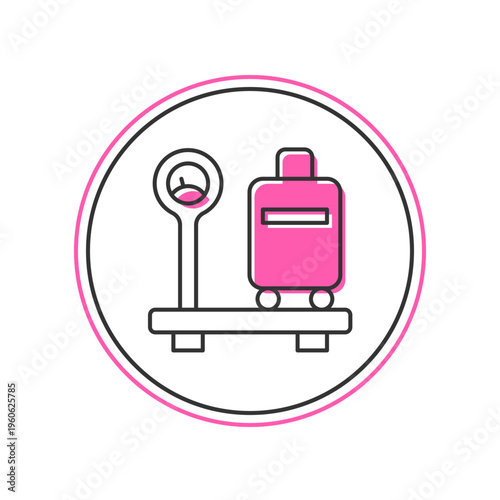 Filled outline Scale with suitcase icon isolated on white background. Logistic and delivery. Weight of delivery package on a scale. Vector