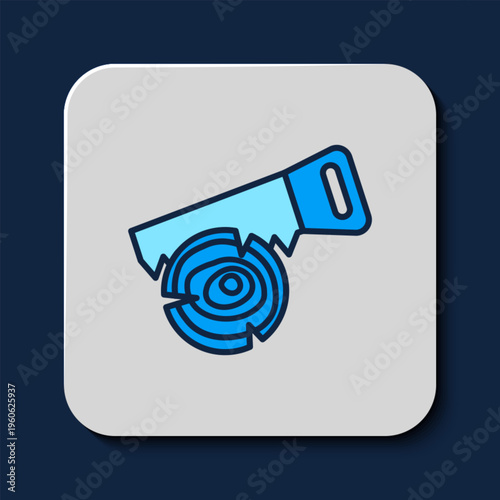 Filled outline Hand saw and log icon isolated on blue background. Vector