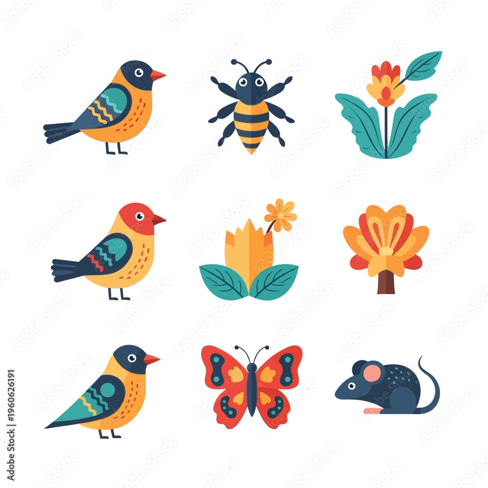 Fototapeta premium Cute Cartoon Animals and Flowers Collection: Birds, Bee, Butterfly, Mouse, Flora Icons
