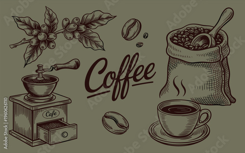 Hand drawn coffee with grinder beans sack and cup
