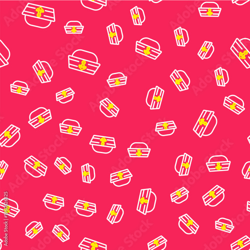 Line Sailor hat icon isolated seamless pattern on red background. Vector