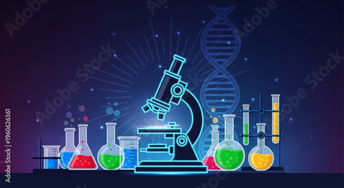 Laboratory equipment with microscope and colorful test tubes on a dark background with dna double helix