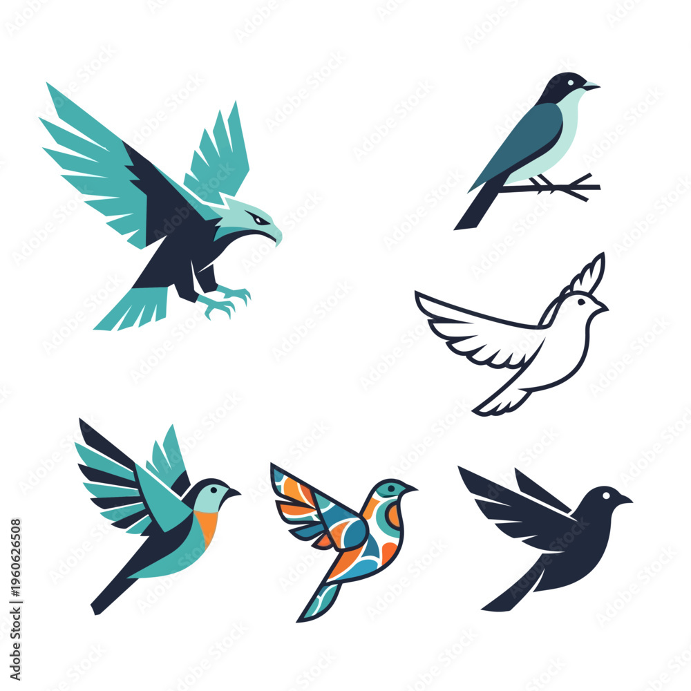 Fototapeta premium Collection of stylized bird illustrations, eagle, dove, and small birds in flight and perched
