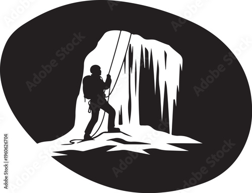 Ice climbing, silhouette illustration, black and white, vector graphic, adventure sports icon