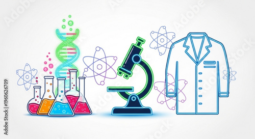 Science laboratory equipment with microscope dna model lab coat and colorful beakers on white background for research and education