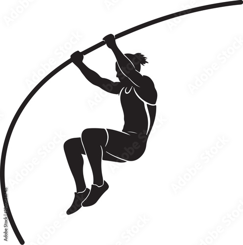 Black silhouette athletic man, pole vaulting sports icon, fitness illustration, athletic performance vector