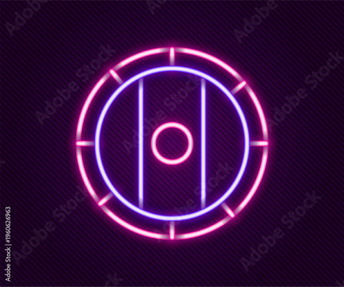 Glowing neon line Shield viking icon isolated on black background. Round wooden shield. Security, safety, protection, privacy, guard concept. Colorful outline concept. Vector