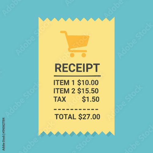 A stylized yellow receipt with a shopping cart icon, showing items, tax, and total cost