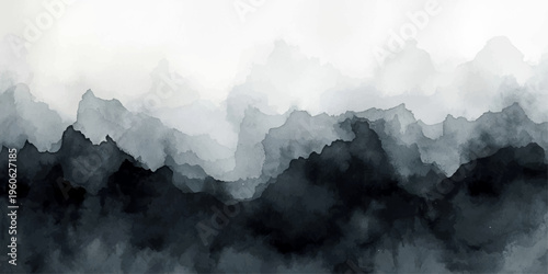 A breathtaking aerial panorama of a misty mountain landscape featuring snowy alpine peaks and a dense forest valley shrouded in cold winter fog under a soft sunset sky