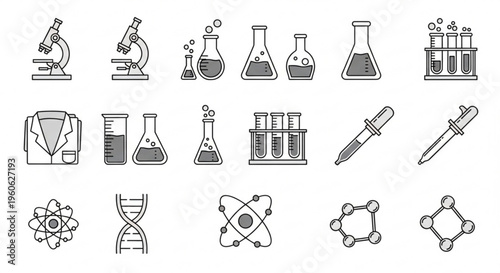 Science and laboratory icons including microscopes beakers test tubes dna atoms and lab coats on white background