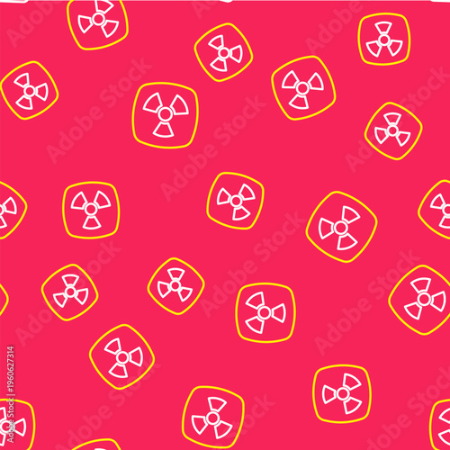 Line Radioactive icon isolated seamless pattern on red background. Radioactive toxic symbol. Radiation hazard sign. Vector