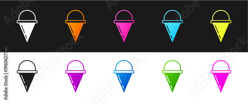 Set Fire cone bucket icon isolated on black and white background. Metal cone bucket empty or with water for fire fighting. Vector