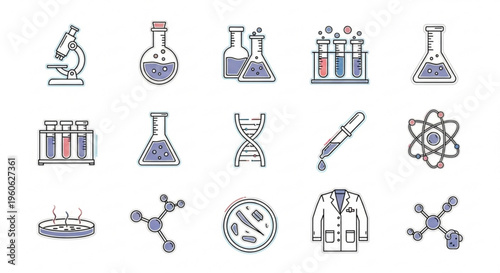 Science laboratory icons set including microscope beaker test tube dna atom lab coat and various chemical symbols on white background