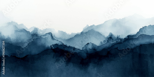 A misty mountain landscape features snow-capped peaks and high valleys shrouded in thick fog under a cloudy sky