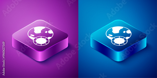 Isometric Casino chips icon isolated on blue and purple background. Casino gambling. Square button. Vector