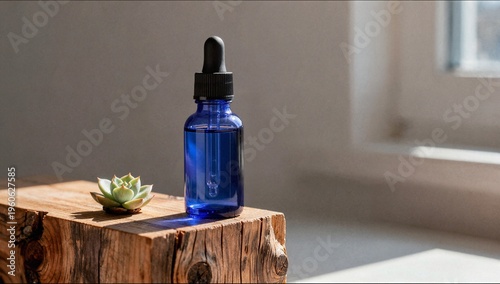 A sleek black perfume bottle sits on a glass shelf covered in water droplets with a dark moody background and condensation.