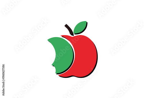 Innovative graphic design concept featuring a vibrant red apple with a green bite mark that subtly forms the profile of a human face, symbolizing thought and nature