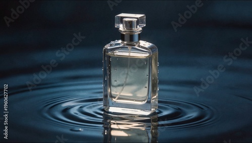 Two glass perfume bottles with black caps stand on a wet reflective surface with scattered water droplets and warm ambient backlighting.