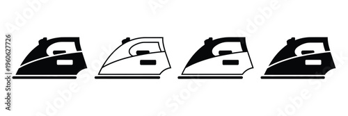 Clothes iron icons, black and white vector illustration, household appliance for laundry, fabric pressing and ironing symbols, simple minimal design