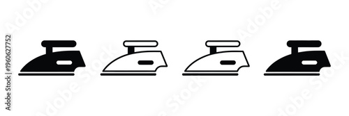 Clothes iron icons, black and white vector illustration, household appliance for laundry, fabric pressing and ironing symbols, simple minimal design